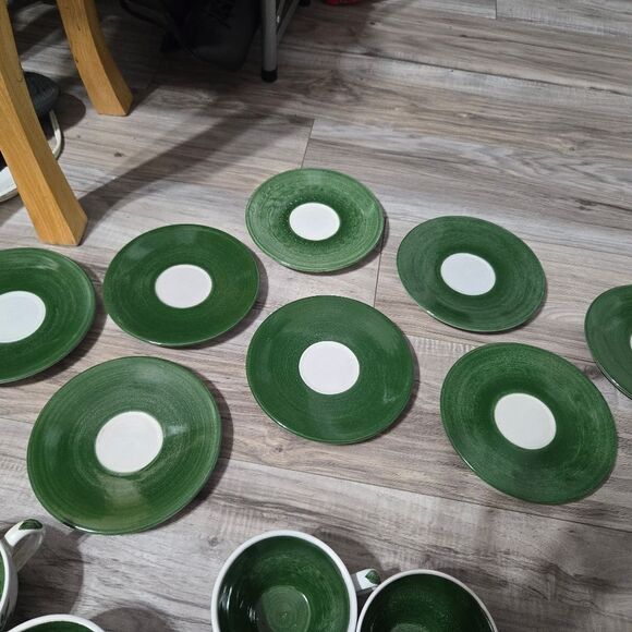 Vintage HTF Maja Mexico Pottery Cup & Saucers Hand Painted Birds - Green Trim - Picture 12 of 17